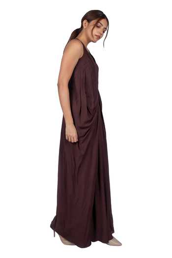 Ekru_Brown Silk Muslin V Neck Draped Jumpsuit_Online_at_Aza_Fashions