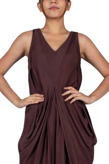 Buy_Ekru_Brown Silk Muslin V Neck Draped Jumpsuit_Online_at_Aza_Fashions