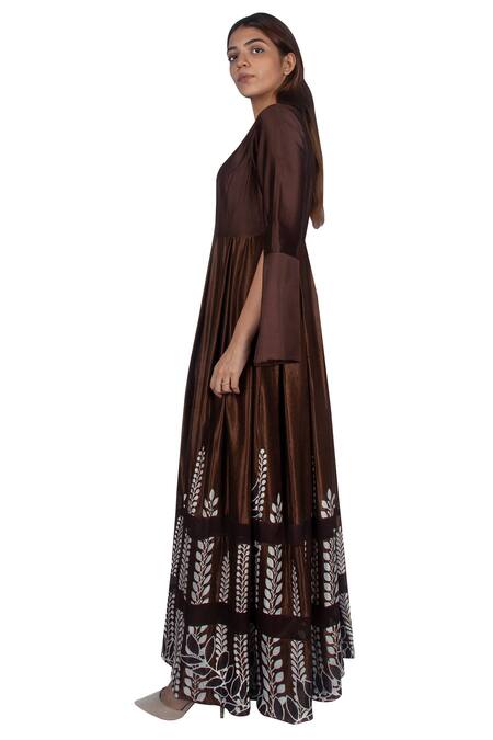 Ekru_Brown Chanderi, Linen Satin Round Printed Gown_Online_at_Aza_Fashions
