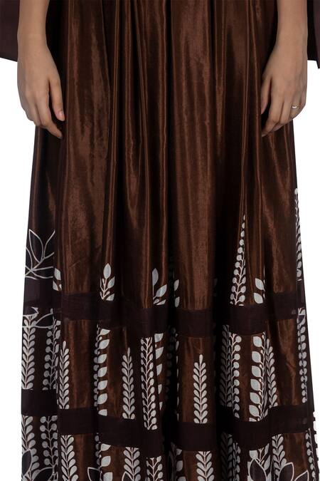 Buy_Ekru_Brown Chanderi, Linen Satin Round Printed Gown_Online_at_Aza_Fashions