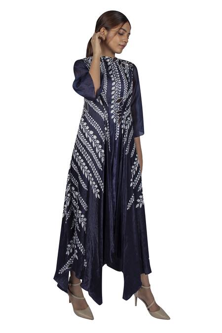 Ekru_Blue Linen Satin Boat Printed Jumpsuit _Online_at_Aza_Fashions