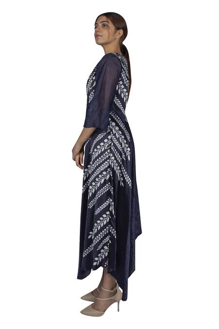 Buy_Ekru_Blue Linen Satin Boat Printed Jumpsuit _Online_at_Aza_Fashions