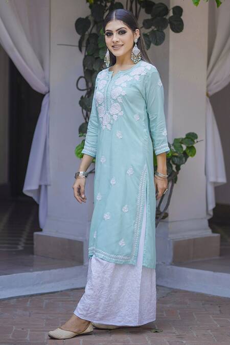 Buy_Saksh_Blue Cotton Modal Chikankari Kurta Set_Online_at_Aza_Fashions