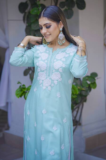 Shop_Saksh_Blue Cotton Modal Chikankari Kurta Set_Online_at_Aza_Fashions