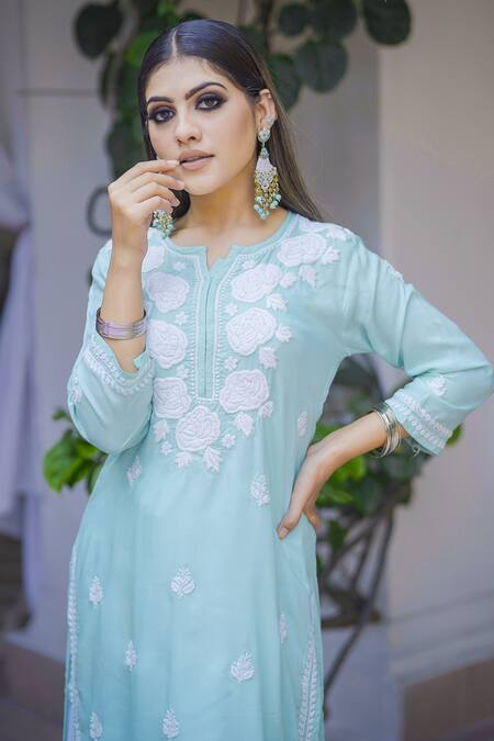 Saksh_Blue Cotton Modal Chikankari Kurta Set_at_Aza_Fashions