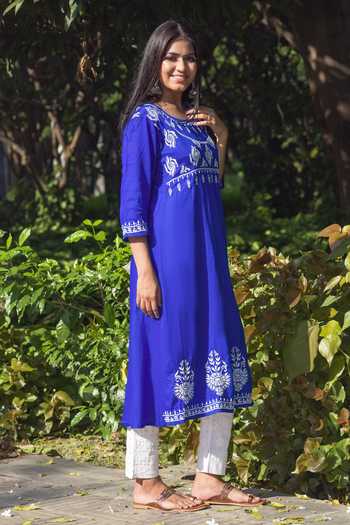 Saksh_Blue Cotton Chikankari Kurta Set_Online_at_Aza_Fashions