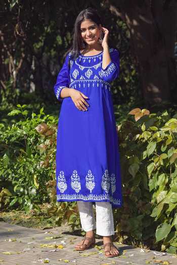 Buy_Saksh_Blue Cotton Chikankari Kurta Set_Online_at_Aza_Fashions