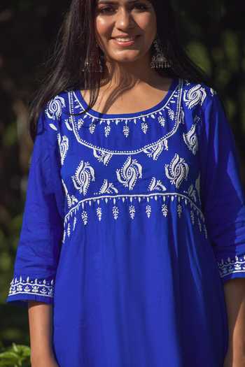 Saksh_Blue Cotton Chikankari Kurta Set_at_Aza_Fashions