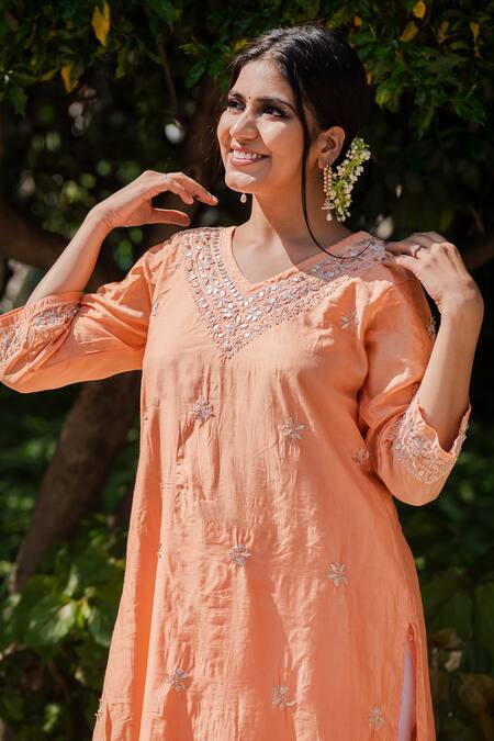 Shop_Saksh_Peach Chikankari Kurta_Online_at_Aza_Fashions