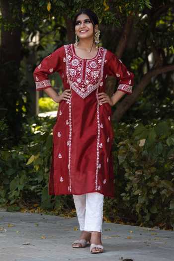 Shop Saksh Red Chikankari Kurta at Aza Fashions Shop_Saksh_Red Chikankari Kurta_at_Aza_Fashions
