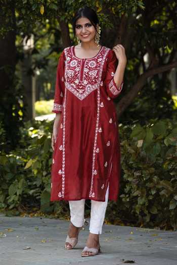 Buy Saksh Red Chikankari Kurta Online at Aza Fashions Buy_Saksh_Red Chikankari Kurta_Online_at_Aza_Fashions