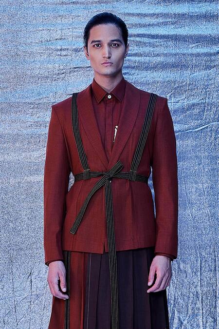 Buy_Line Out Line_Red Cotton Plain Single Breasted Harness Blazer_Online_at_Aza_Fashions