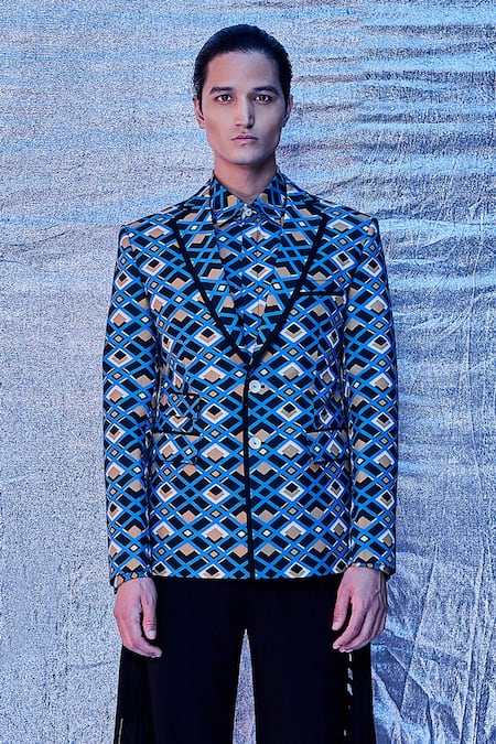 Line out line_Blue Cotton Printed Geometric Blazer_Online_at_Aza_Fashions