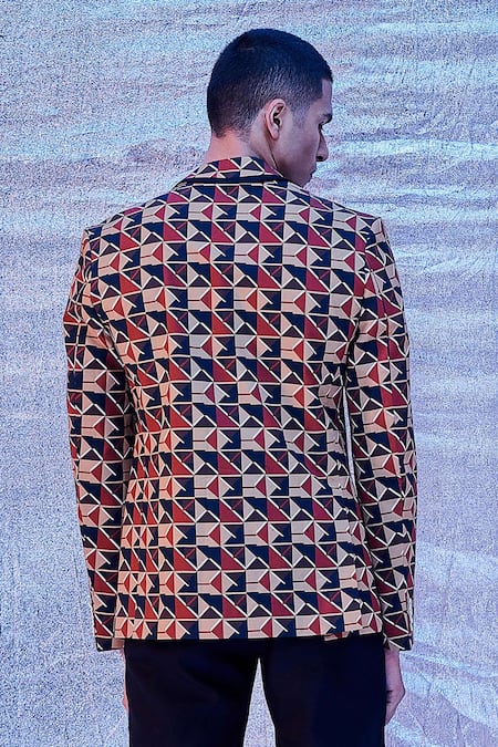 Buy_Line Out Line_Brown Cotton Poplin Printed Geometric Blazer_Online_at_Aza_Fashions