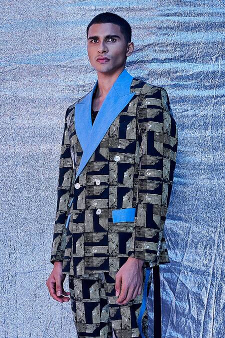 Line Out Line_Black Cotton Poplin Printed Modern Day Blazer_Online_at_Aza_Fashions