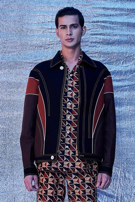 Line Out Line_Multi Color Cotton Patch Work And Embroidered Arch Pattern & Block Bomber Jacket_Online_at_Aza_Fashions