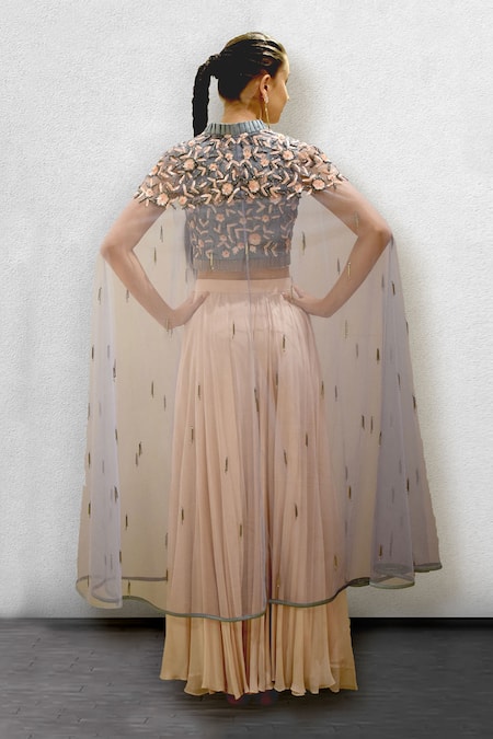 Shop_Jade By Ashima_Grey Net, Georgette, Silk Dupion Round Embroidered Cape And Lehenga Set _at_Aza_Fashions