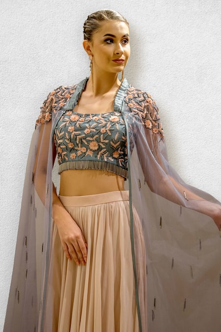 Jade By Ashima_Grey Net, Georgette, Silk Dupion Round Embroidered Cape And Lehenga Set _Online_at_Aza_Fashions