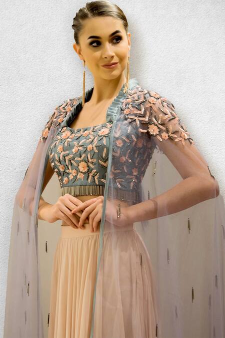 Buy_Jade By Ashima_Grey Net, Georgette, Silk Dupion Round Embroidered Cape And Lehenga Set _Online_at_Aza_Fashions