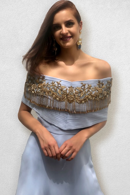 Jade By Ashima Off Shoulder Tassel Gown 