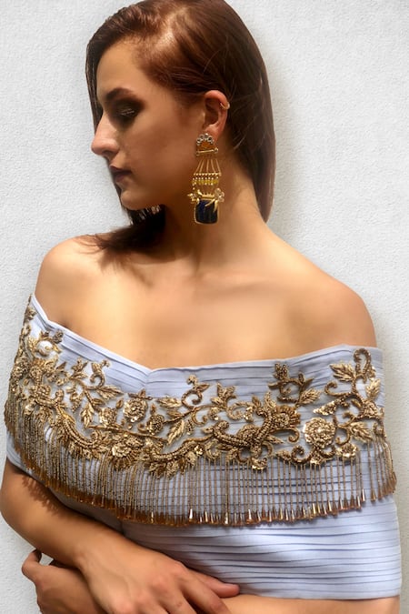 Jade By Ashima Blue Net, Georgette Off Shoulder Tassel Gown Online at Aza Fashions Jade By Ashima_Blue Net, Georgette Off Shoulder Tassel Gown _Online_at_Aza_Fashions