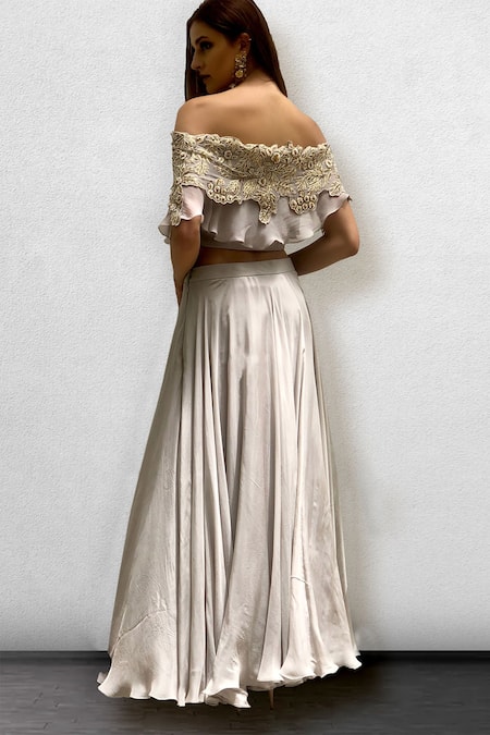 Shop_Jade By Ashima_Grey Georgette Off Shoulder Blouse And Lehenga Set _at_Aza_Fashions