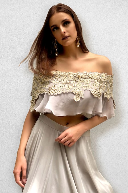 Jade By Ashima_Grey Georgette Off Shoulder Blouse And Lehenga Set _Online_at_Aza_Fashions