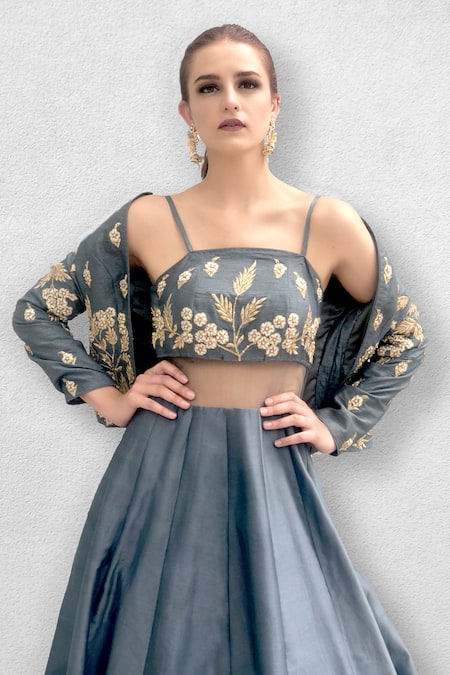 Jade By Ashima Grey Jacket Chanderi Gown Dupion Square Neck With Online at Aza Fashions Jade By Ashima_Grey Jacket Chanderi Gown Dupion Square Neck With _Online_at_Aza_Fashions