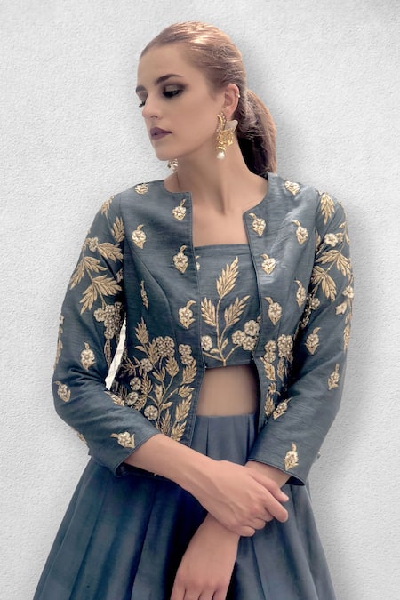 Buy Jade By Ashima Grey Jacket Chanderi Gown Dupion Square Neck With Online at Aza Fashions Buy_Jade By Ashima_Grey Jacket Chanderi Gown Dupion Square Neck With _Online_at_Aza_Fashions