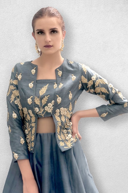 Shop Jade By Ashima Grey Jacket Chanderi Gown Dupion Square Neck With Online at Aza Fashions Shop_Jade By Ashima_Grey Jacket Chanderi Gown Dupion Square Neck With _Online_at_Aza_Fashions