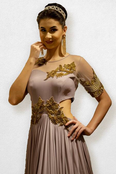 Jade By Ashima_Purple Georgette Round Embroidered Flared Gown _Online_at_Aza_Fashions