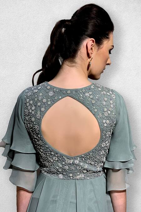 Jade By Ashima_Grey Georgette, Dupion Silk V Neck Pleated Flared Gown _Online_at_Aza_Fashions