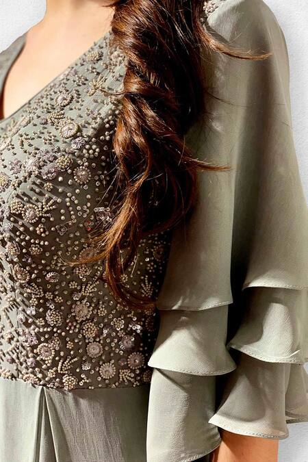 Buy_Jade By Ashima_Grey Georgette, Dupion Silk V Neck Pleated Flared Gown _Online_at_Aza_Fashions