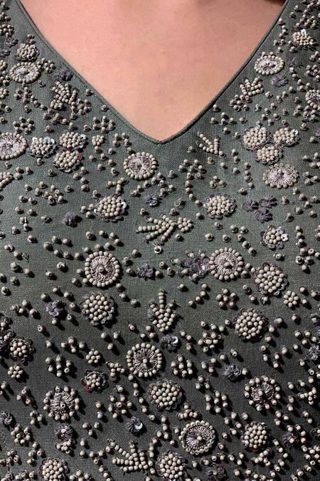 Shop_Jade By Ashima_Grey Georgette, Dupion Silk V Neck Pleated Flared Gown _Online_at_Aza_Fashions