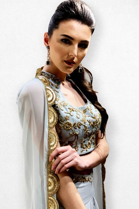 Jade By Ashima_Blue Dupion Silk Embroidery U Neck Embellished Cape And Dhoti Pant Set _Online_at_Aza_Fashions