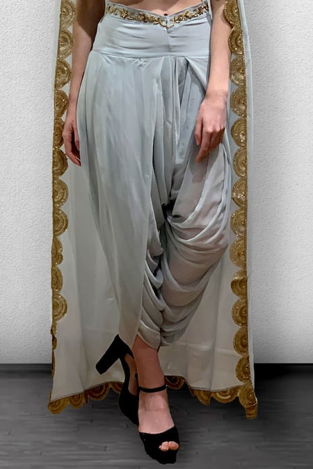 Shop_Jade By Ashima_Blue Dupion Silk Embroidery U Neck Embellished Cape And Dhoti Pant Set _Online_at_Aza_Fashions