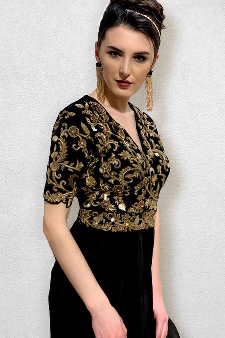 Jade By Ashima_Black Chinese Silk Crepe V Neck Cowl Draped Gown _Online_at_Aza_Fashions