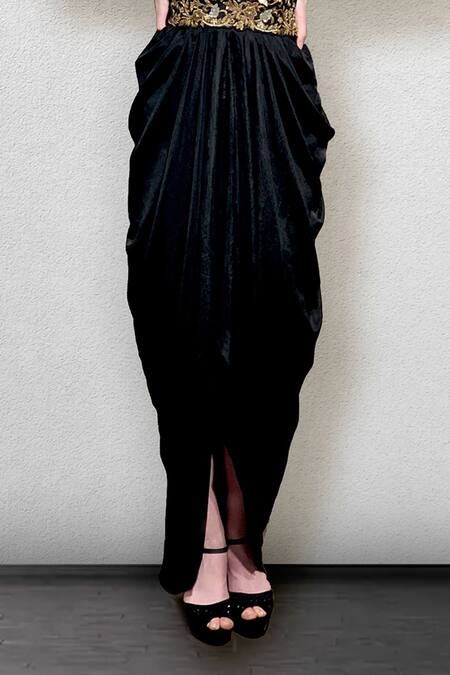 Buy_Jade By Ashima_Black Chinese Silk Crepe V Neck Cowl Draped Gown _Online_at_Aza_Fashions