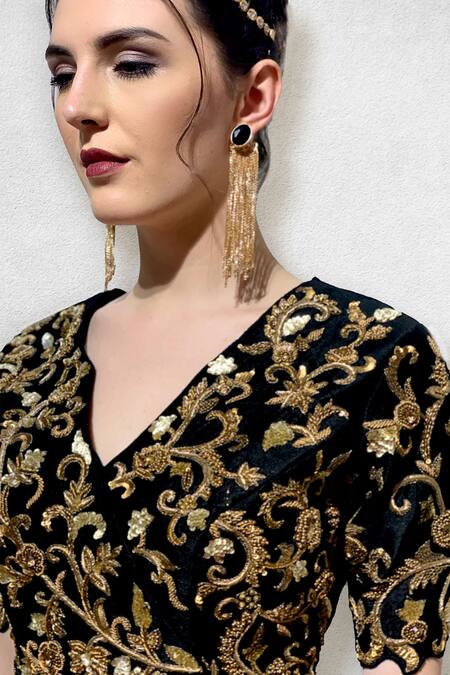 Shop_Jade By Ashima_Black Chinese Silk Crepe V Neck Cowl Draped Gown _Online_at_Aza_Fashions