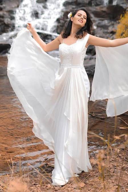 Buy Off White Silk Blend Solid Gown Online -Inddus.in.