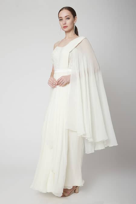 Jade By Ashima_White Georgette, Dupion Silk V Neck Draped Saree Gown _Online_at_Aza_Fashions