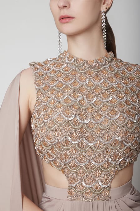 Jade By Ashima_Pink Net, Lycra Round Draped Saree Gown _Online_at_Aza_Fashions