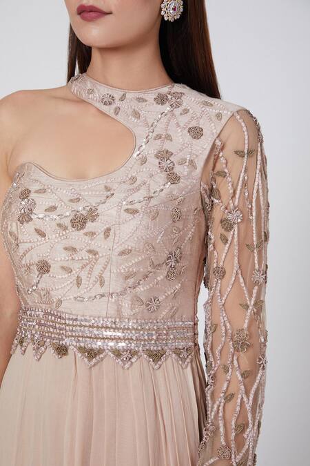 Jade By Ashima_Peach Net, Georgette, Dupion Silk Round One Shoulder Flared Gown _Online_at_Aza_Fashions