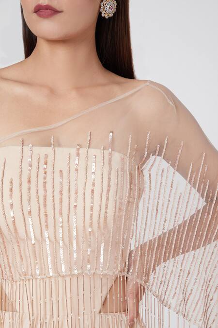 Jade By Ashima_Peach Net, Georgette Asymmetric Draped One Shoulder Gown _Online_at_Aza_Fashions