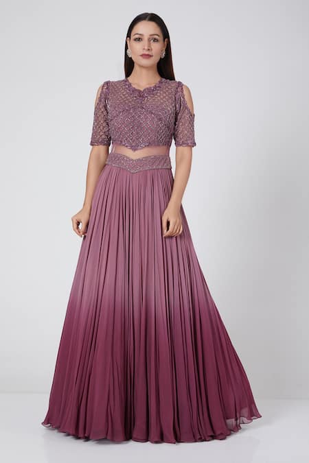 Jade By Ashima_Purple Net, Georgette Round Cold Shoulder Flared Gown _Online_at_Aza_Fashions