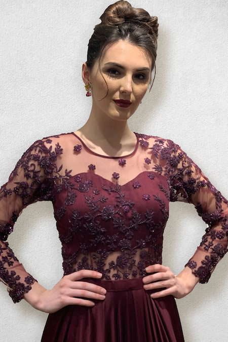 Jade By Ashima_Maroon Silk Satin Round Embroidered Flared Gown _Online_at_Aza_Fashions
