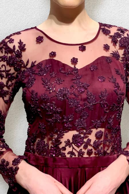 Buy_Jade By Ashima_Maroon Silk Satin Round Embroidered Flared Gown _Online_at_Aza_Fashions