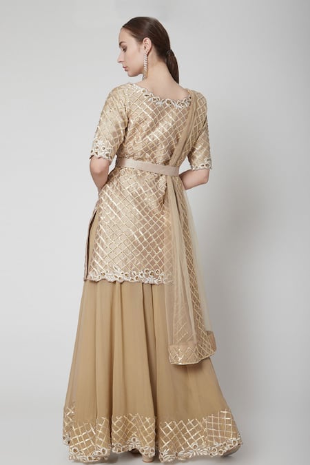 Shop_Jade By Ashima_Beige Dupion Silk Embroidery Round Kurta Gharara Set _at_Aza_Fashions