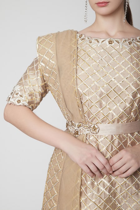 Jade By Ashima_Beige Dupion Silk Embroidery Round Kurta Gharara Set _Online_at_Aza_Fashions