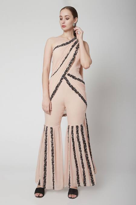 Jade By Ashima_Peach Silk Georgette V Neck Embroidered Pre-draped Sharara Pant Saree_Online_at_Aza_Fashions